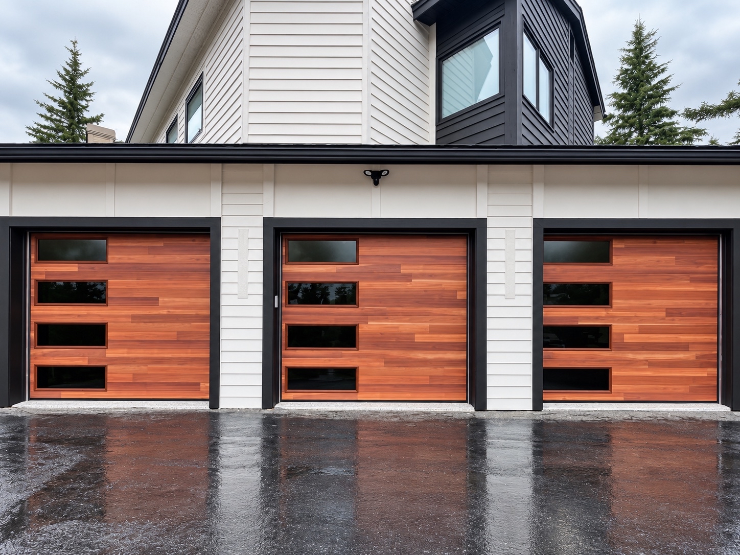 Three modern wood garage doors installed by Alpine